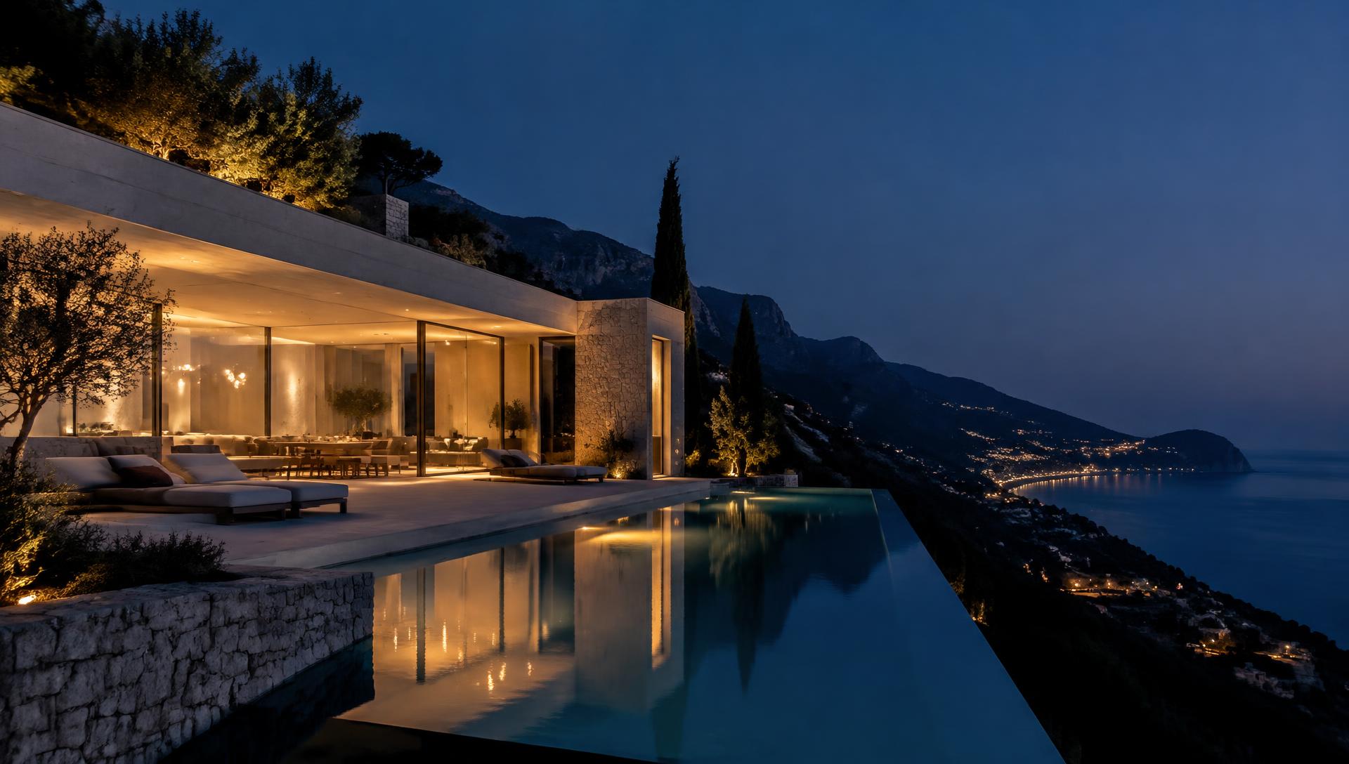 Hillside villa at dusk